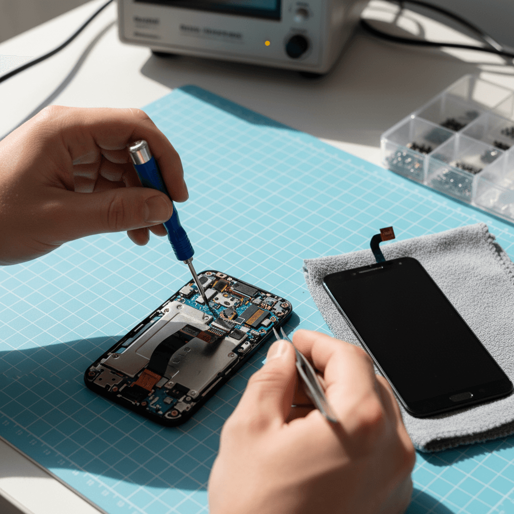 Technicien remplaçant l'écran d'un smartphone dans l'atelier PhoneWay